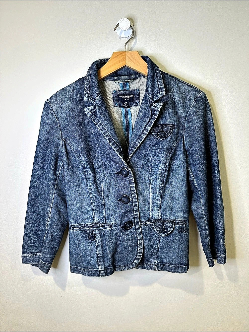 American Eagle Stretch Denim Blazer Jacket Small 3/4 Sleeve